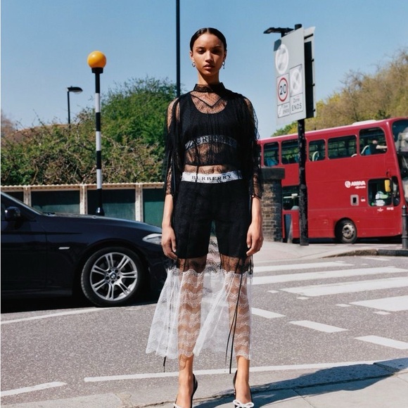 NWT Burberry Black Lace Midi Dress with White Lace Hem - Picture 5 of 12